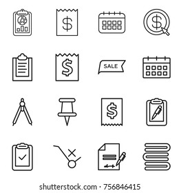 Thin line icon set : report, receipt, calendar, dollar arrow, clipboard, sale, drawing compasses, pin, tax, pen, check, do not trolley sign, inventory, towels