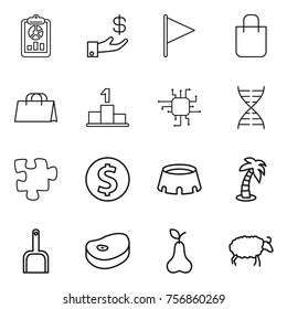 Thin line icon set : report, investment, flag, shopping bag, pedestal, chip, dna, puzzle, dollar coin, stadium, palm, scoop, steake, pear, sheep