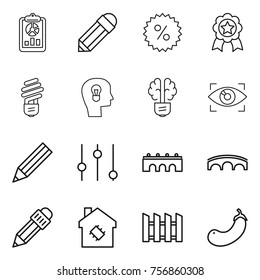 Thin line icon set : report, pencil, percent, medal, bulb, head, brain, eye identity, equalizer, bridge, smart house, fence, eggplant