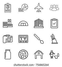 Thin line icon set : report, diagram, plane, group, store, hangare, office, clipboard check, camera, tv, big spoon, knife holder, bank, cookies, barn, toilet cleaning