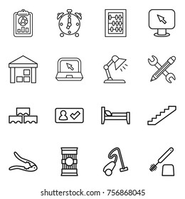 Thin line icon set : report, alarm clock, abacus, monitor arrow, warehouse, notebook, table lamp, pencil wrench, block wall, check in, bed, stairs, walnut crack, pasta, vacuum cleaner, toilet brush