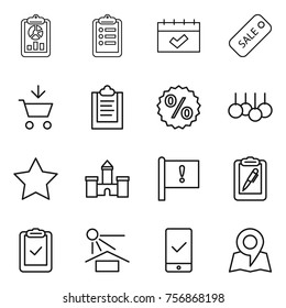 Thin line icon set : report, clipboard, calendar, sale, add to cart, percent, star, castle, important flag, pen, check, sun potection, mobile checking, map