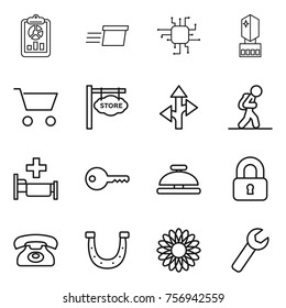 Thin Line Icon Set : Report, Delivery, Chip, Crystal Memory, Cart, Store Signboard, Route, Tourist, Hospital, Key, Service Bell, Locked, Phone, Horseshoe, Flower, Wrench