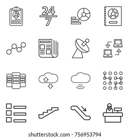 Thin line icon set : report, 24 7, diagram, annual, graph, newspaper, satellite antenna, notebook connect, server, cloude service, cloud wireless, chip, list, stairs, escalator, reception