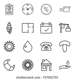 Thin line icon set : report, clock, percent, delivery, spark plug, plan, terms, loading, sun, drop, phone, mushroom, croissant, flower, house, hand and