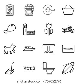 Thin line icon set : report, notebook globe, cell corection, basket, chicken leg, church, perishable, motorcycle, dog, yacht, table, welcome mat, scoop, drying clothe, toilet, bug