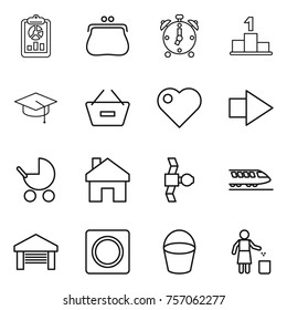 Thin line icon set : report, purse, alarm clock, pedestal, graduate hat, remove from basket, heart, right arrow, baby stroller, home, satellite, train, garage, ring button, bucket, garbage bin