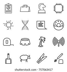 Thin line icon set : report, shopping bag, chess horse, chip, dna, list, donut, measuring tape, stadium, palm, wireless, scoop, sheep, clothespin, toilet brush