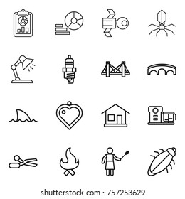 Thin line icon set : report, diagram, satellite, virus, table lamp, spark plug, bridge, shark flipper, heart pendant, home, food processor, scissors, fire, woman with duster, bug
