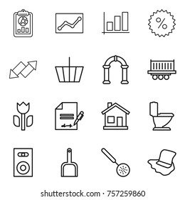 Thin line icon set : report, statistics, graph, percent, up down arrow, basket, arch, truck shipping, perishable, inventory, home, toilet, speaker, scoop, skimmer, floor washing