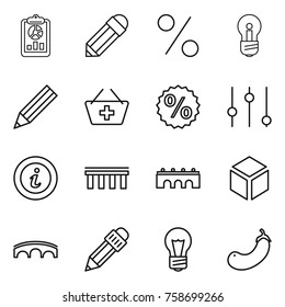 Thin line icon set : report, pencil, percent, bulb, add to basket, equalizer, info, bridge, 3d, eggplant