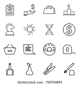 Thin line icon set : report, investment, shopping bag, pedestal, chess horse, chip, dna, dollar coin, remove from basket, list, donut, measuring tape, scoop, pear, clothespin, toilet brush