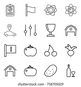 Thin line icon set : report, flag, atom, car pointer, equalizer, wineglass, barn, important, tomato, cherry, beet, potato, wine