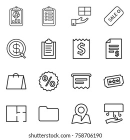 Thin line icon set : report, clipboard, gift, sale, dollar arrow, receipt, account balance, shopping bag, percent, atm, ticket, plan, documents, map, hand dryer