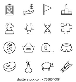 Thin line icon set : report, investment, flag, pedestal, chess horse, chip, dna, puzzle, dollar coin, remove from basket, measuring tape, stadium, steake, pear, sheep, clothespin