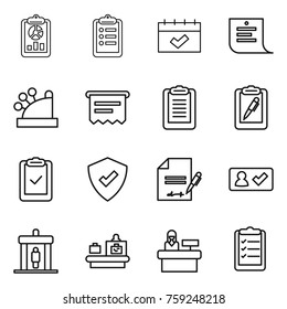 Thin line icon set : report, clipboard, calendar, shopping list, cashbox, atm receipt, pen, check, protected, inventory, in, detector, baggage checking, reception