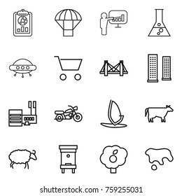 Thin line icon set : report, parachute, presentation, flask, ufo, cart, bridge, skyscrapers, mall, motorcycle, windsurfing, cow, sheep, hive, garden, spot