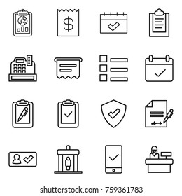 Thin line icon set : report, receipt, calendar, clipboard, cashbox, atm, list, terms, pen, check, protected, inventory, in, detector, mobile checking, reception