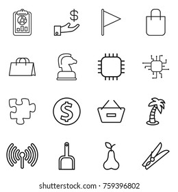 Thin line icon set : report, investment, flag, shopping bag, chess horse, chip, puzzle, dollar coin, remove from basket, palm, wireless, scoop, pear, clothespin