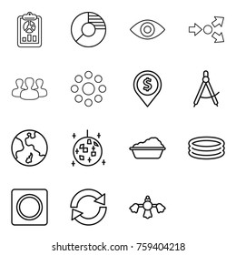 Thin line icon set : report, circle diagram, eye, core splitting, group, round around, dollar pin, draw compass, earth, disco ball, washing, inflatable pool, ring button, reload