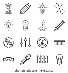 Thin line icon set : report, pencil, bulb, percent, infinity power, equalizer, info, bridge, fence