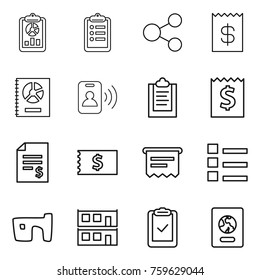 Thin line icon set : report, clipboard, share, receipt, annual, pass card, account balance, atm, list, slum, modular house, check, passport