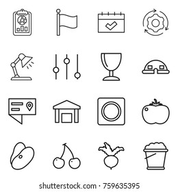 Thin line icon set : report, flag, calendar, around gear, table lamp, equalizer, wineglass, dome house, location details, warehouse, ring button, tomato, beans, cherry, beet, foam bucket