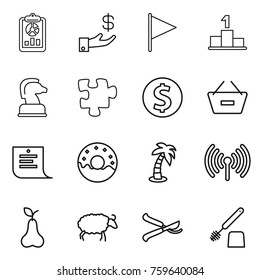 Thin line icon set : report, investment, flag, pedestal, chess horse, puzzle, dollar coin, remove from basket, shopping list, donut, palm, wireless, pear, sheep, pruner, toilet brush