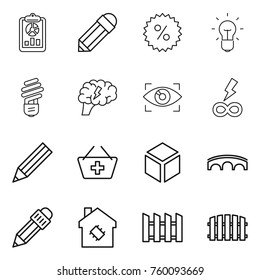 Thin line icon set : report, pencil, percent, bulb, brain, eye identity, infinity power, add to basket, 3d, bridge, smart house, fence