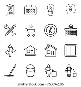 Thin line icon set : report, calendar, bulb, head, pencil wrench, add to cart, info, university, route, home, power switch, rake, bucket, garbage bin