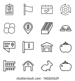 Thin line icon set : report, flag, calendar, around gear, atom core, dollar pin, brick, dome house, location details, important, warehouse, tomato, watering, barn, rabbit