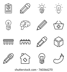 Thin line icon set : report, pencil, bulb, brain, add to basket, bridge, 3d, smart house, eggplant