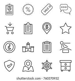 Thin line icon set : report, percent, sale, discussion, add to cart, clipboard, dollar pin, star, info, castle, sun potection, protected, map, handwheel, nightstand