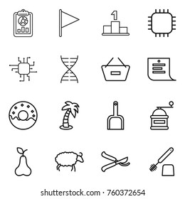 Thin line icon set : report, flag, pedestal, chip, dna, remove from basket, shopping list, donut, palm, scoop, hand mill, pear, sheep, pruner, toilet brush