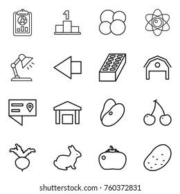 Thin line icon set : report, pedestal, atom core, table lamp, left arrow, brick, barn, location details, warehouse, beans, cherry, beet, rabbit, tomato, potato