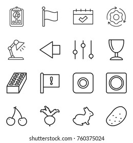 Thin line icon set : report, flag, calendar, around gear, table lamp, left arrow, equalizer, wineglass, brick, important, ring button, cherry, beet, rabbit, potato