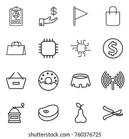 Thin line icon set : report, investment, flag, shopping bag, chip, dollar coin, remove from basket, donut, stadium, wireless, hand mill, steake, pear, pruner