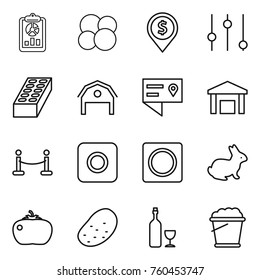 Thin line icon set : report, atom core, dollar pin, equalizer, brick, barn, location details, warehouse, vip fence, ring button, rabbit, tomato, potato, wine, foam bucket