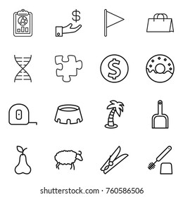 Thin line icon set : report, investment, flag, shopping bag, dna, puzzle, dollar coin, donut, measuring tape, stadium, palm, scoop, pear, sheep, clothespin, toilet brush