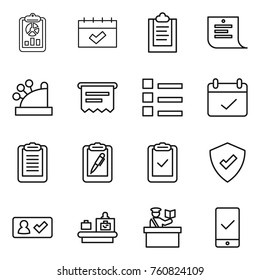 Thin line icon set : report, calendar, clipboard, shopping list, cashbox, atm receipt, terms, pen, check, protected, in, baggage checking, inspector, mobile
