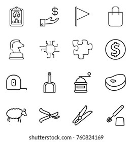 Thin line icon set : report, investment, flag, shopping bag, chess horse, chip, puzzle, dollar coin, measuring tape, scoop, hand mill, steake, sheep, pruner, clothespin, toilet brush