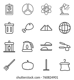 Thin line icon set : report, diagram, atom, table lamp, bin, chicken leg, pyramid, globe, detector, kettle, slippers, garlic clasp, fork, pumpkin, rake, hanger