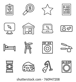 Thin line icon set : report, dollar magnifier, star, abacus, monitor arrow, warehouse, notebook, check in, bed, Chair for babies, washing machine, garlic clasp, pasta, cheese, vacuum cleaner