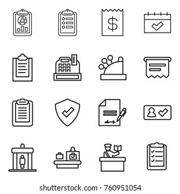 Thin line icon set : report, clipboard, receipt, calendar, cashbox, atm, protected, inventory, check in, detector, baggage checking, inspector, list