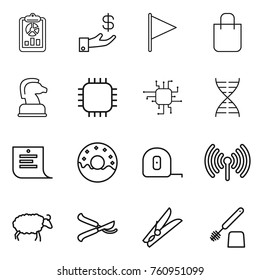 Thin line icon set : report, investment, flag, shopping bag, chess horse, chip, dna, list, donut, measuring tape, wireless, sheep, pruner, clothespin, toilet brush
