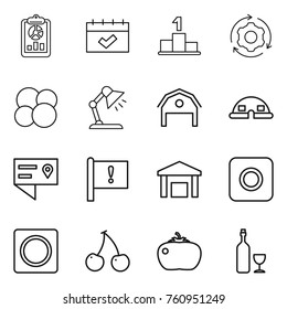 Thin line icon set : report, calendar, pedestal, around gear, atom core, table lamp, barn, dome house, location details, important flag, warehouse, ring button, cherry, tomato, wine