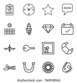 Thin line icon set : report, clock, star, message, sun power, spark plug, diamond, terms, plane, key, flower in window, croissant, scissors, horseshoe, microb