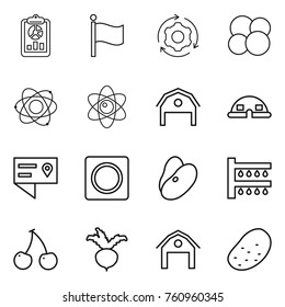 Thin line icon set : report, flag, around gear, atom core, barn, dome house, location details, ring button, beans, watering, cherry, beet, potato
