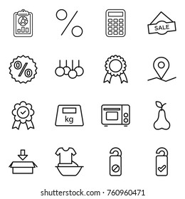 Thin line icon set : report, percent, calculator, sale, medal, geo pin, heavy, grill oven, pear, package, handle washing, do not distrub, please clean