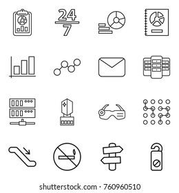 Thin line icon set : report, 24 7, diagram, annual, graph, mail, server, crystall memory, smart glasses, chip, escalator, no smoking, signpost, do not distrub